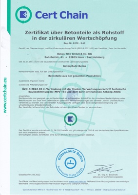 Zertifikat über Betonteile als Rohstoff in der zirkulären Wertschöpfung